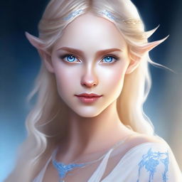 Depict a digital art image of a blonde half-elf woman with striking blue eyes and tanned skin