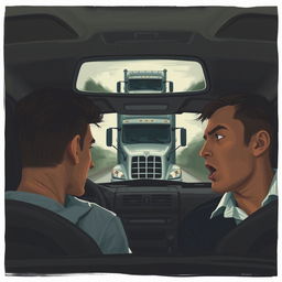 An abstract depiction of a tense scene inside a car, focusing on the interior and the emotional atmosphere rather than specific faces