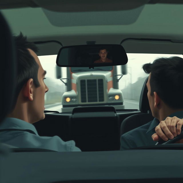 An abstract depiction of a tense scene inside a car, focusing on the interior and the emotional atmosphere rather than specific faces