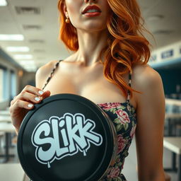 A close-up shot focusing on the chest and torso of a gorgeous female redhead wearing a floral pattern sundress