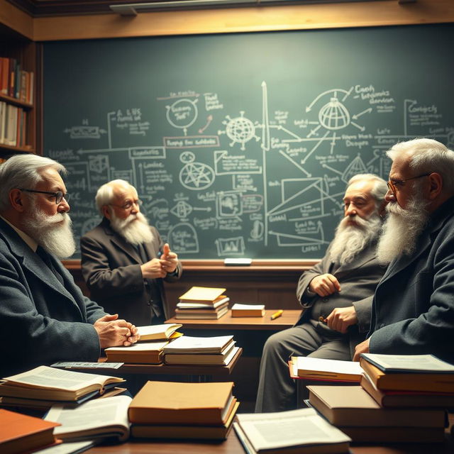 A dynamic classroom scene featuring four iconic sociologists: Max Weber, Michel Foucault, Anthony Giddens, Karl Marx, and Émile Durkheim engaged in an animated discussion