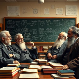 A dynamic classroom scene featuring four iconic sociologists: Max Weber, Michel Foucault, Anthony Giddens, Karl Marx, and Émile Durkheim engaged in an animated discussion