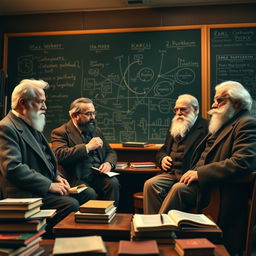 A dynamic classroom scene featuring four iconic sociologists: Max Weber, Michel Foucault, Anthony Giddens, Karl Marx, and Émile Durkheim engaged in an animated discussion