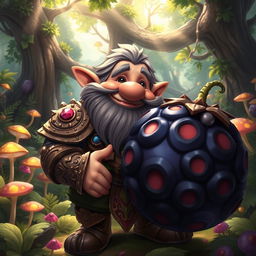 A whimsical scene featuring a fantasy setting with a dwarf creature in the foreground