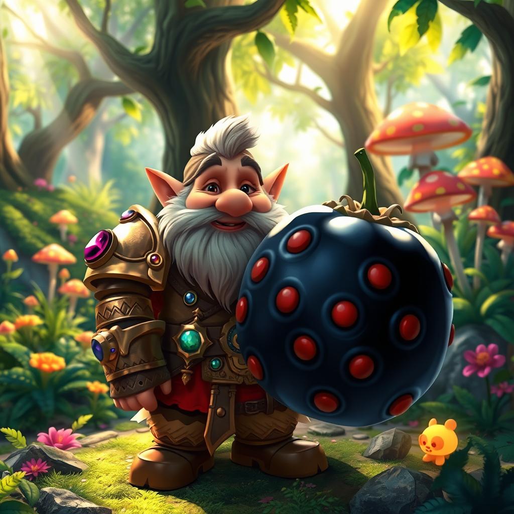 A whimsical scene featuring a fantasy setting with a dwarf creature in the foreground