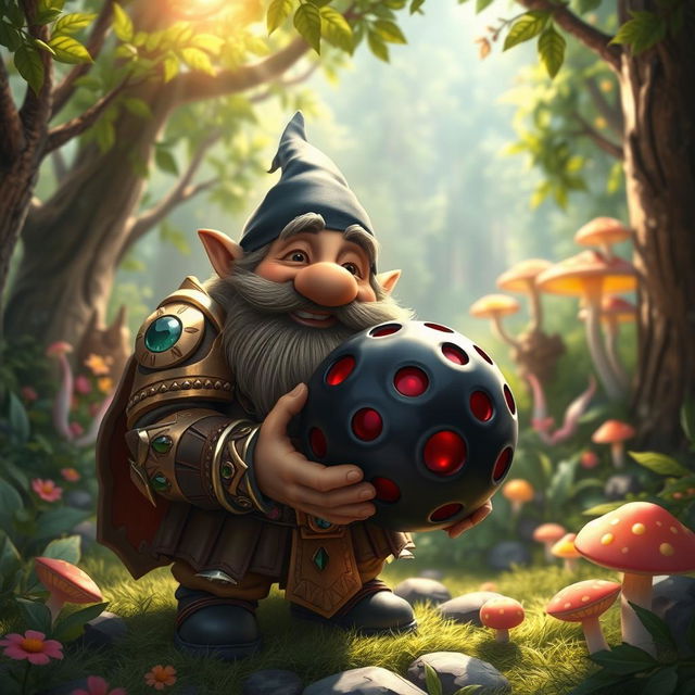 A whimsical scene featuring a fantasy setting with a dwarf creature in the foreground