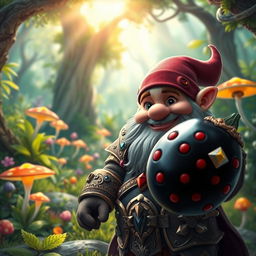 A whimsical scene featuring a fantasy setting with a dwarf creature in the foreground