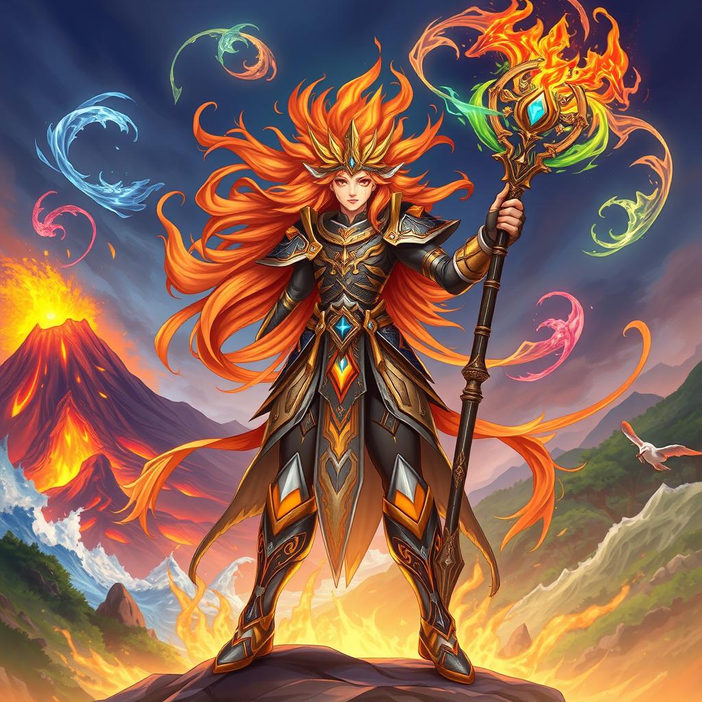 A powerful and majestic elementalist warrior, known as Satria Elemental, standing in a dynamic pose