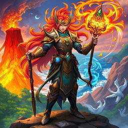 A powerful and majestic elementalist warrior, known as Satria Elemental, standing in a dynamic pose