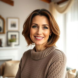 A woman aged 30 to 45, featuring chestnut brown hair and a quintessentially European look, dressed in a stylish, cozy sweater