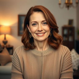 A woman aged 30 to 45, featuring chestnut brown hair and a quintessentially European look, dressed in a stylish, cozy sweater