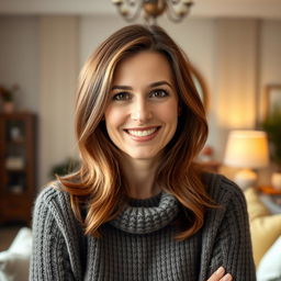 A woman aged 30 to 45, featuring chestnut brown hair and a quintessentially European look, dressed in a stylish, cozy sweater