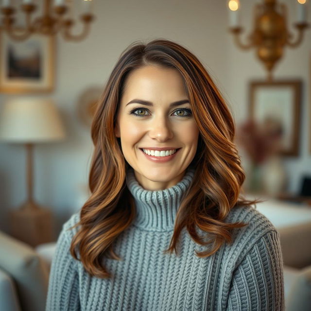 A woman aged 30 to 45, featuring chestnut brown hair and a quintessentially European look, dressed in a stylish, cozy sweater