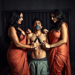 An intense interrogation room scene featuring two stunningly beautiful and curvy women dressed in seductive sarees, displaying their ample curves and cleavage