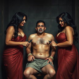 An intense interrogation room scene featuring two stunningly beautiful and curvy women dressed in seductive sarees, displaying their ample curves and cleavage