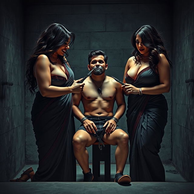 An intense interrogation room scene featuring two stunningly beautiful and curvy women dressed in seductive sarees, displaying their ample curves and cleavage