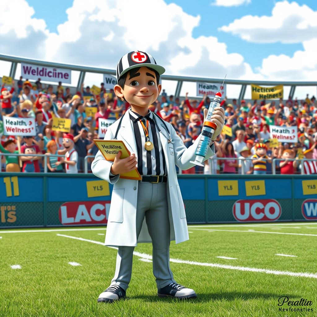 A whimsical scene depicting a medicine umpire, a character dressed in a mix between a sports umpire and a medical professional