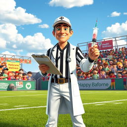 A whimsical scene depicting a medicine umpire, a character dressed in a mix between a sports umpire and a medical professional