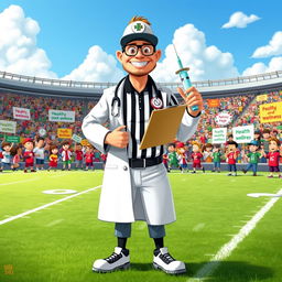 A whimsical scene depicting a medicine umpire, a character dressed in a mix between a sports umpire and a medical professional