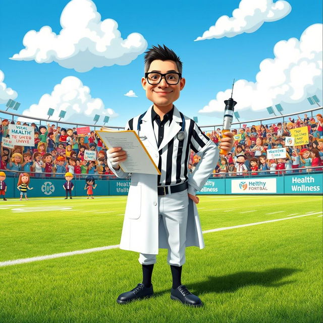 A whimsical scene depicting a medicine umpire, a character dressed in a mix between a sports umpire and a medical professional