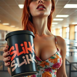 A close-up shot of a gorgeous female redhead with a large chest wearing a floral pattern sundress