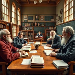 A bustling university classroom filled with energy and intellectual excitement, featuring prominent figures Max Weber, Machiavelli, Anthony Giddens, Karl Marx, and Emile Durkheim engaged in a lively discussion