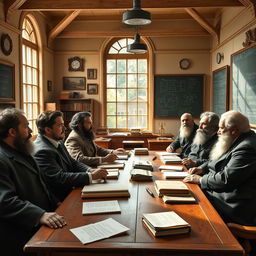 A bustling university classroom filled with energy and intellectual excitement, featuring prominent figures Max Weber, Machiavelli, Anthony Giddens, Karl Marx, and Emile Durkheim engaged in a lively discussion