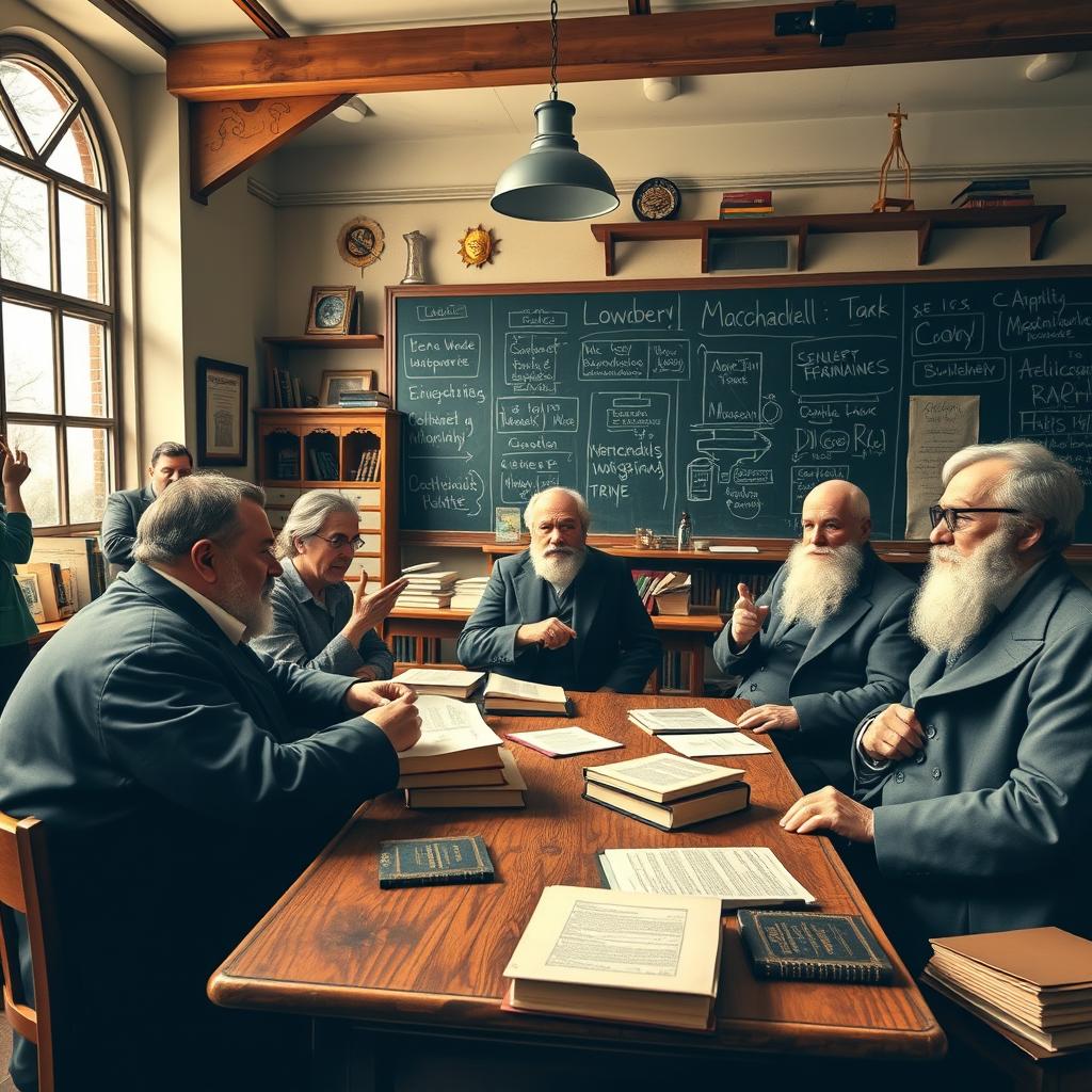 A bustling university classroom filled with energy and intellectual excitement, featuring prominent figures Max Weber, Machiavelli, Anthony Giddens, Karl Marx, and Emile Durkheim engaged in a lively discussion