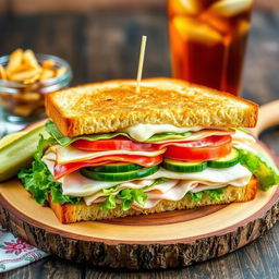 A delicious and visually appealing sandwich, featuring layers of fresh ingredients