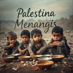An evocative scene depicting the sorrowful impact of conflict, with the words 'Palestina Menangis' artistically integrated into the image