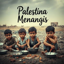 An evocative scene depicting the sorrowful impact of conflict, with the words 'Palestina Menangis' artistically integrated into the image