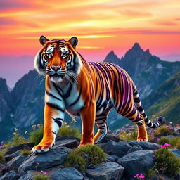 A colorful tiger walking on a majestic mountain landscape