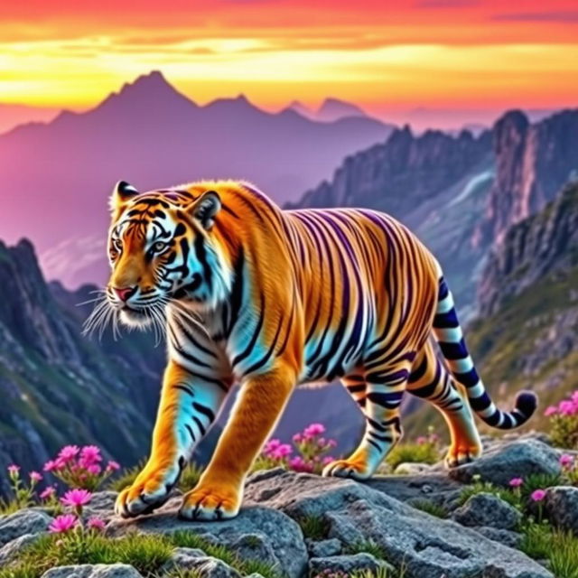 A colorful tiger walking on a majestic mountain landscape