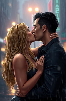A romantic scene of a man and woman kissing in the rain, the ambiance filled with a sense of passion and affection