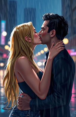 A romantic scene of a man and woman kissing in the rain, the ambiance filled with a sense of passion and affection