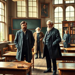 A historical depiction of prominent sociologists: Max Weber standing to one side next to Niccolò Machiavelli, with Anthony Giddens on the other side