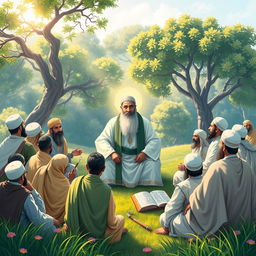 A picturesque scene depicting a significant moment from the life of Hazrat Ali (AS), showing him surrounded by a group of followers in a serene landscape