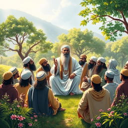 A picturesque scene depicting a significant moment from the life of Hazrat Ali (AS), showing him surrounded by a group of followers in a serene landscape