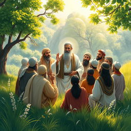 A picturesque scene depicting a significant moment from the life of Hazrat Ali (AS), showing him surrounded by a group of followers in a serene landscape