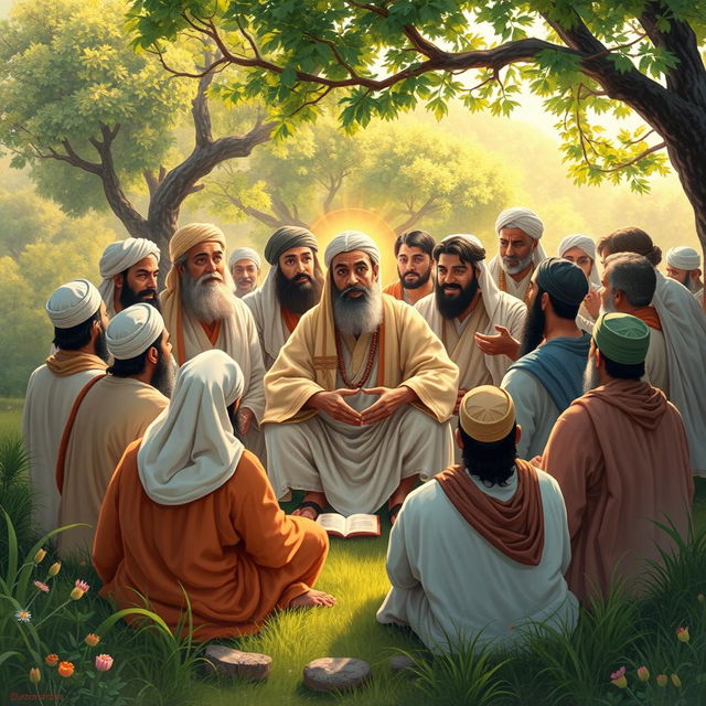 A picturesque scene depicting a significant moment from the life of Hazrat Ali (AS), showing him surrounded by a group of followers in a serene landscape