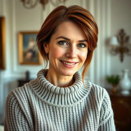 A woman aged 30 to 45, with rich chestnut brown hair and a classic European appearance, dressed in a fashionable and cozy sweater