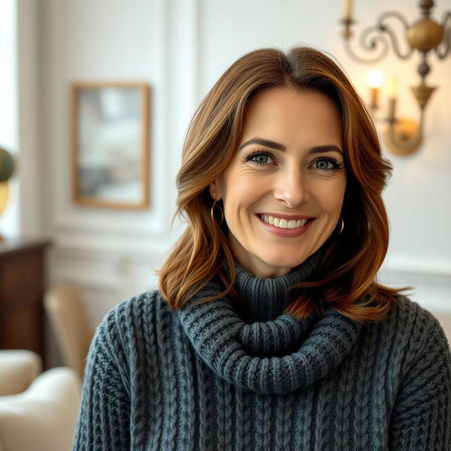 A woman aged 30 to 45, with rich chestnut brown hair and a classic European appearance, dressed in a fashionable and cozy sweater