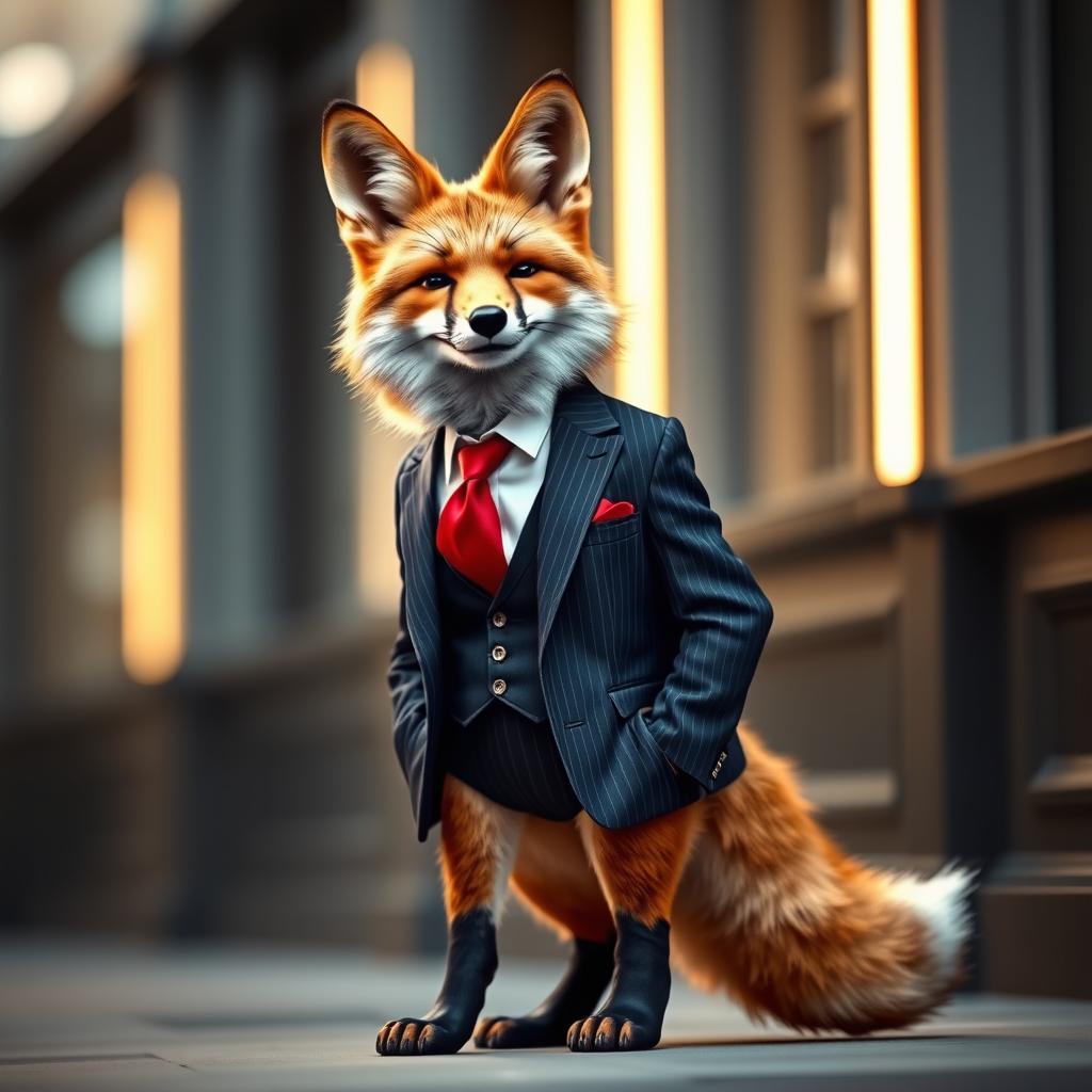 A dapper fox dressed in a stylish, tailored suit, exuding confidence and charm