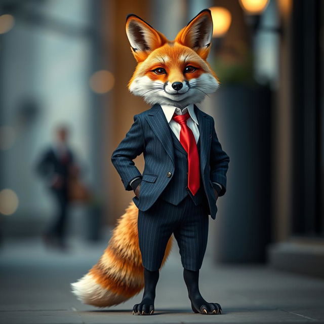 A dapper fox dressed in a stylish, tailored suit, exuding confidence and charm