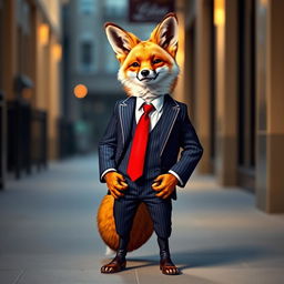 A dapper fox dressed in a stylish, tailored suit, exuding confidence and charm