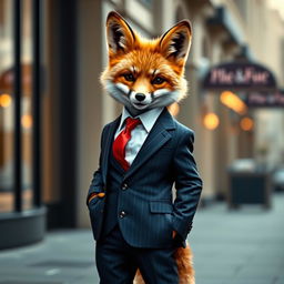 A dapper fox dressed in a stylish, tailored suit, exuding confidence and charm