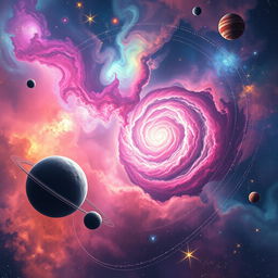 A breathtaking cosmic landscape filled with vibrant nebulae and swirling galaxies, showcasing dazzling colors like bright pinks, purples, and blues