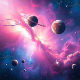 A breathtaking cosmic landscape filled with vibrant nebulae and swirling galaxies, showcasing dazzling colors like bright pinks, purples, and blues