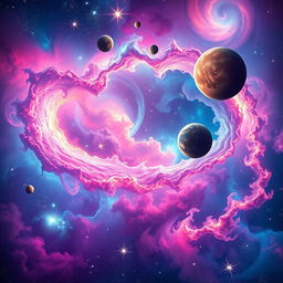 A breathtaking cosmic landscape filled with vibrant nebulae and swirling galaxies, showcasing dazzling colors like bright pinks, purples, and blues