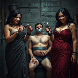 An intense interrogation room scene featuring two stunningly attractive and curvy women dressed in alluring sarees that emphasize their ample curves and cleavage